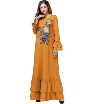 European and American fashion casual long-sleeved round neck women's robes Muslim embroidered ruffled stitching yellow dress
European and American fashion casual long-sleeved round neck women's robes Muslim embroidered ruffled stitching yellow dress