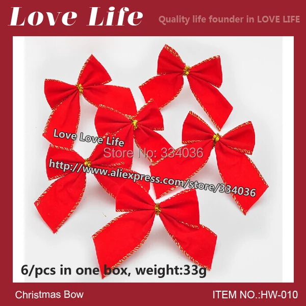 christmas decoration 9cm red flocked fabric christmas bow (6 pcs