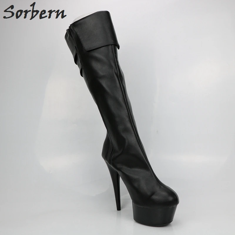 Sorbern White Matt PU Mid Calf Boots Large Size 15CM High Heels Round Toe Punk Woman Shoe Zip UP Boots Size 40 Ladies Shoes