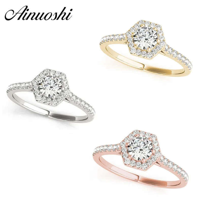 AINUOSHI Geometry 925 Sterling Silver White Gold Yellow Rose Color Round Cut Wedding Rings Women Halo | Украшения и аксессуары