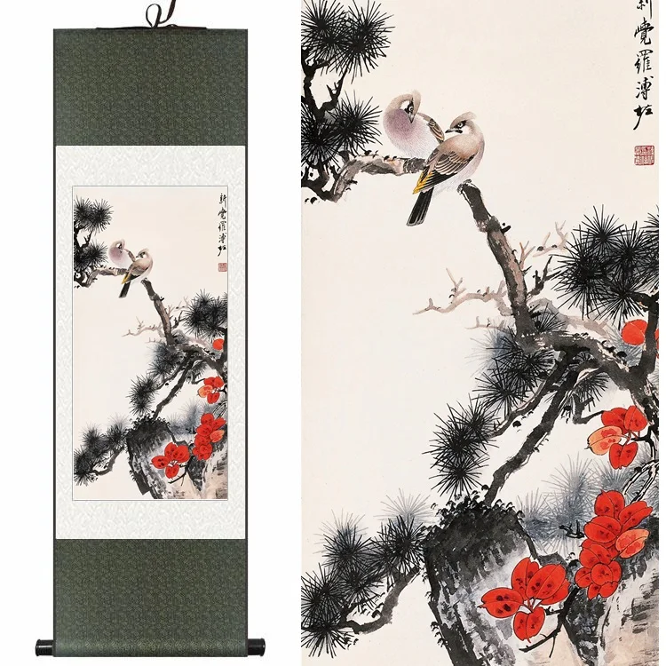 Traditional Chinese Silk watercolor flower Red leaves pine two birds ink art canvas wall picture damask framed scroll painting
Traditional Chinese Silk watercolor flower Red leaves pine two birds ink art canvas wall picture damask framed scroll painting