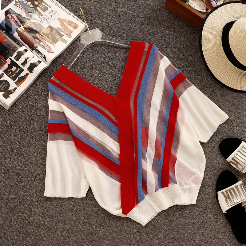 2019 Summer Women V Neck Thin Knitted Beautiful Stripe T-Shirt Female Casual Pullover Tee Tops A327
2019 Summer Women V Neck Thin Knitted Beautiful Stripe T-Shirt Female Casual Pullover Tee Tops A327