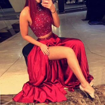 Fashion Two Pieces Set Prom Gown High Neck Beads Crystals Satin Side Split Wedding Party Dress
Fashion Two Pieces Set Prom Gown High Neck Beads Crystals Satin Side Split Wedding Party Dress