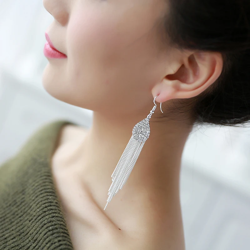 Luxury Brand Tassel Earrings Women Fashion Jewelry Silver Rhinestone Water Drop Dangle Long Earrings Wedding Bride Earrings
Luxury Brand Tassel Earrings Women Fashion Jewelry Silver Rhinestone Water Drop Dangle Long Earrings Wedding Bride Earrings