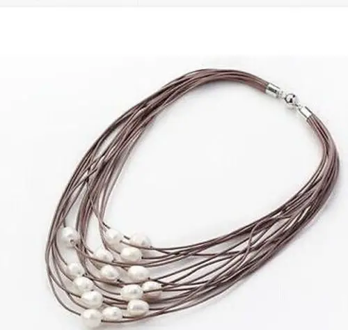 Hot sale new Style >>>>>Multi-Strand 11-12mm White Freshwater Pearl on Brown Leather Women Necklace 
Hot sale new Style >>>>>Multi-Strand 11-12mm White Freshwater Pearl on Brown Leather Women Necklace