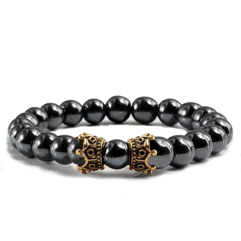 Vintage Alloy CZ Crown Beaded Bracelets Natural Stone Blue Turquoises Hematite Couple Bracelet for Women Men Accessories Jewelry | Украшения