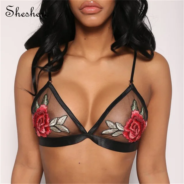 Sheshere Sexy Black Women Mesh Bra Flower Embroidery Bustier See
