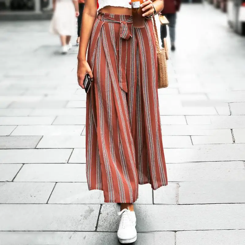 Chic high split striped wide leg women pants Summer beach sash high elastic waist trousers female streetwear Casual pants capris
Chic high split striped wide leg women pants Summer beach sash high elastic waist trousers female streetwear Casual pants capris