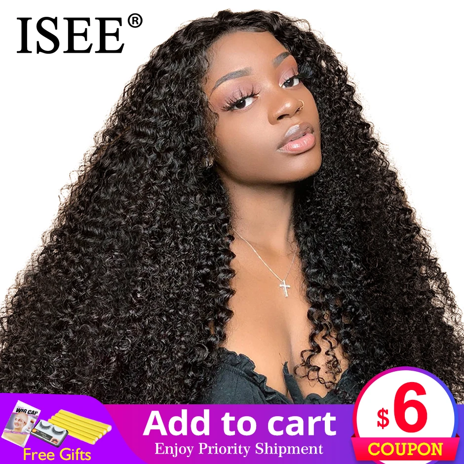 ISEE HAIR Mongolian Kinky Curly Human Hair Wig With Pre Plucked Hairline For Women Remy 13*4 Curly Lace Front Human Hair Wigs(China)