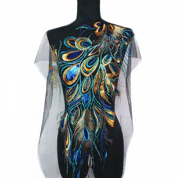 Big Size Blue Sequins Embroidered Phoenix Peacock Feather Black Mesh Wedding Appliques Lace Trims Sew On Patches For Dress DIY 
Big Size Blue Sequins Embroidered Phoenix Peacock Feather Black Mesh Wedding Appliques Lace Trims Sew On Patches For Dress DIY