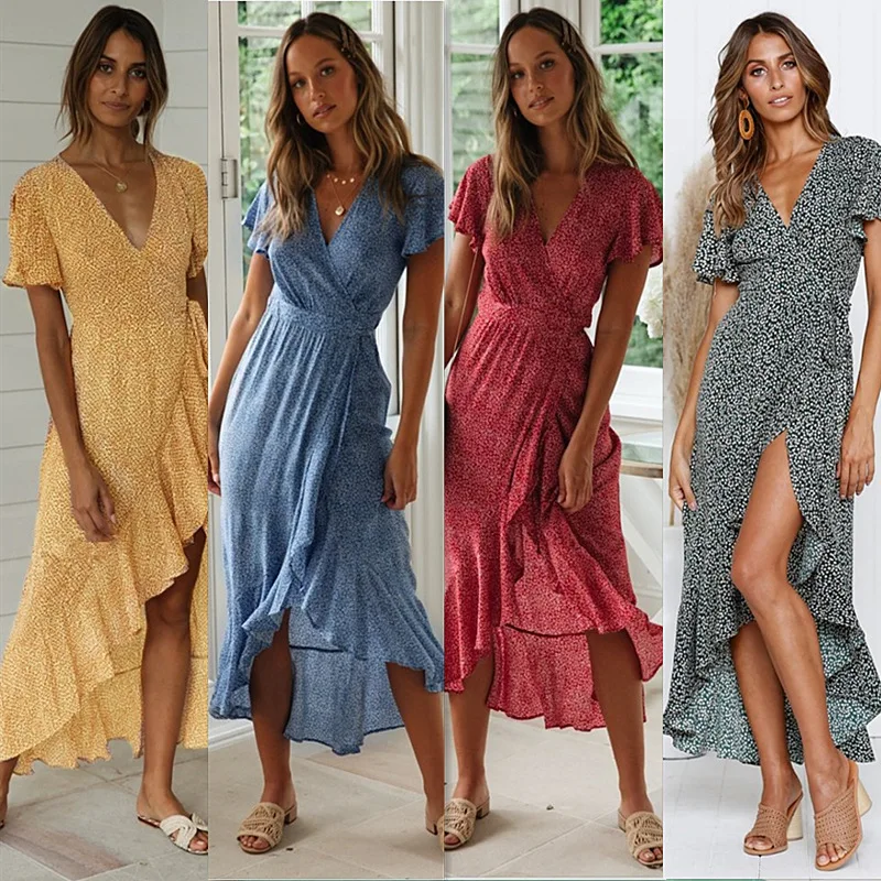 2019 Summer New Women Sexy V Neck Dress Dot Print Lady Short Sleeve Ruffles Fashion Dresses Femal Elegant Long | Женская одежда
