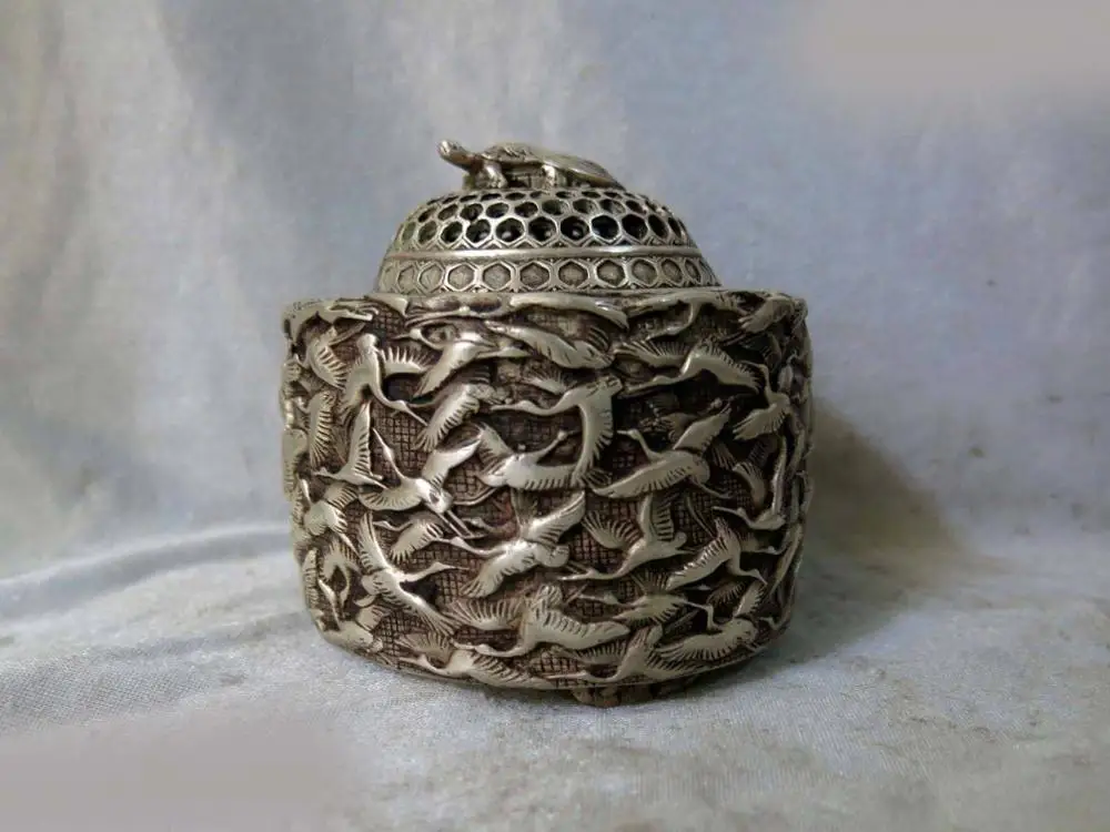 DS China Silver fine workmanship carved many crane and turtle incense burner Statue
DS China Silver fine workmanship carved many crane and turtle incense burner Statue