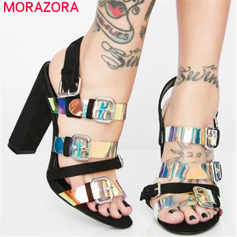 

MORAZORA 2019 new arrival gladiator sandals women buckle pvc unique high heels sandals summer dress party prom shoes woman