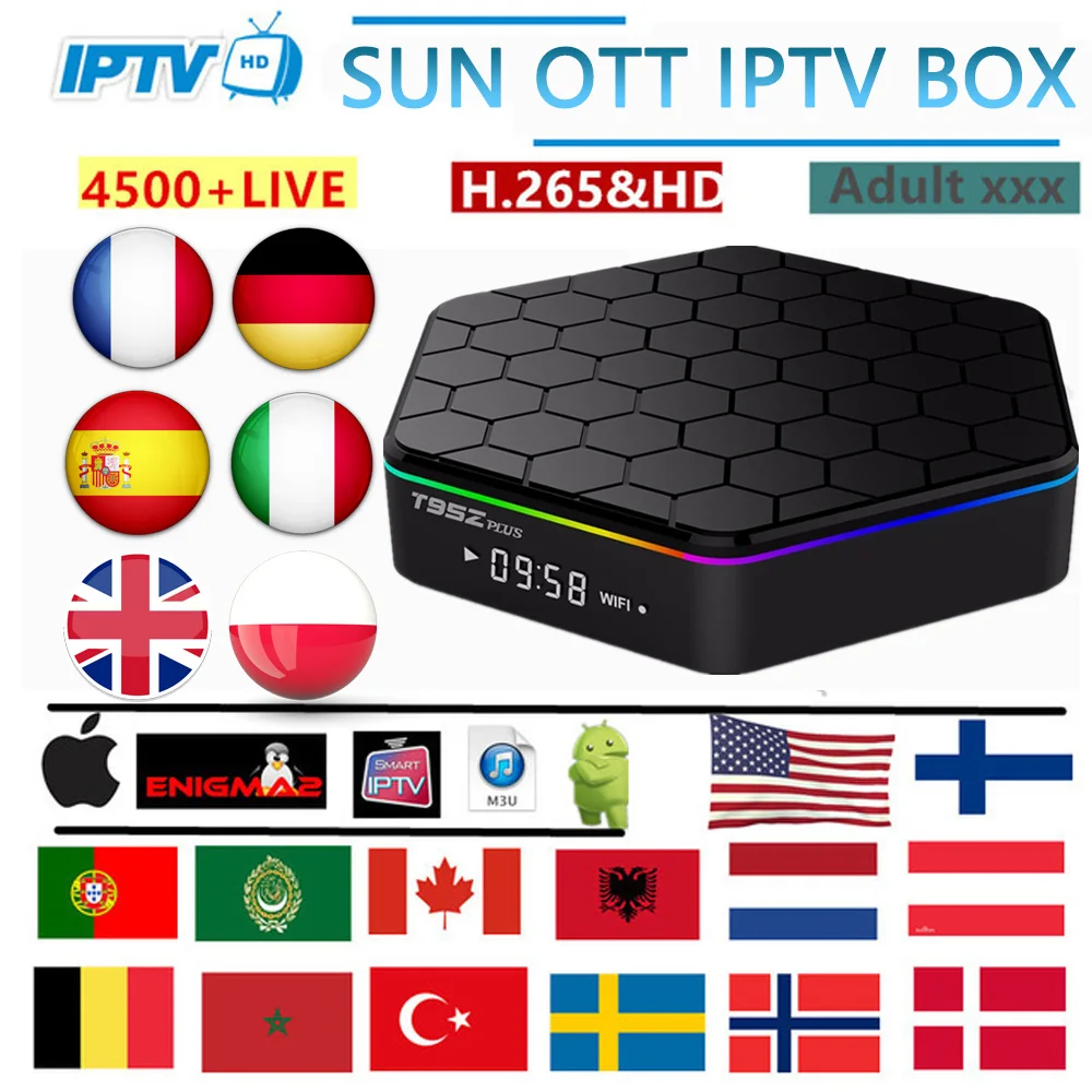T95Z plus android 4k tv box sun iptv subscription 6000Live&7500vod French Spain Belgium Germany uk Adult iptv m3u smart tv box
T95Z plus android 4k tv box sun iptv subscription 6000Live&7500vod French Spain Belgium Germany uk Adult iptv m3u smart tv box