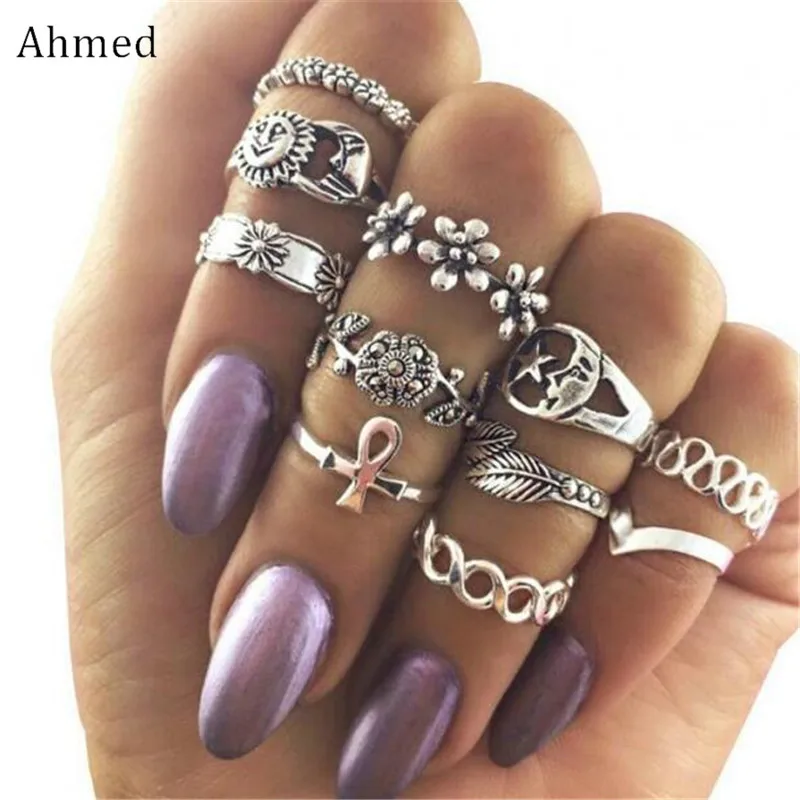 Ahmed Gold Silver 11pcs/set Vintage Rhinestone Leaf Hollow Moon Sun Alloy Ring Set For Women Bohemian Popular Female Rings
Ahmed Gold Silver 11pcs/set Vintage Rhinestone Leaf Hollow Moon Sun Alloy Ring Set For Women Bohemian Popular Female Rings
