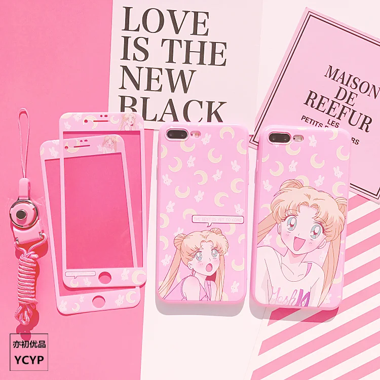 

For iphone X Cartoon Sailor Moon Case +Tempered Glass Screen film for iphone 8 8plus 6 6S plus 7 7plus Cardcaptor Sakura cover
