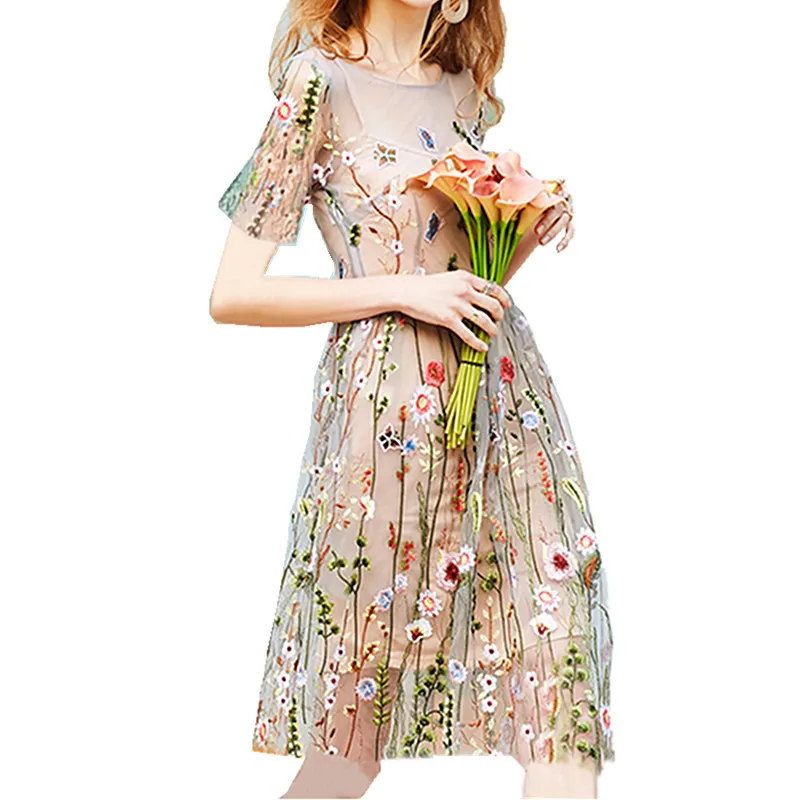 Vintage Elegant Embroidery Mesh Patchwork A-Line Flare Dress