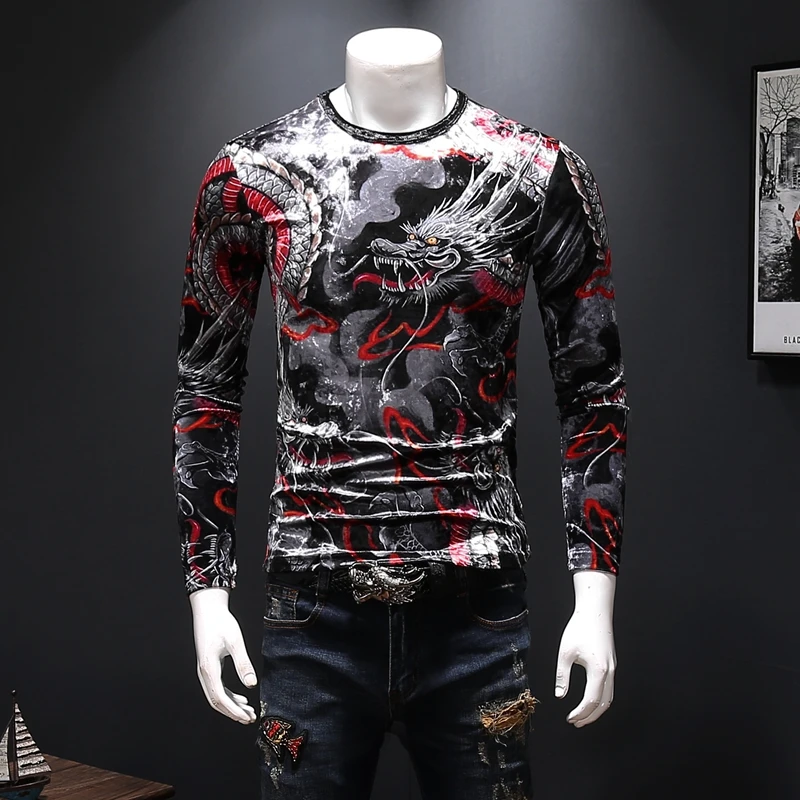 2018 autumn and winter new Chinese style dragon pattern men's diamond print gold velvet long-sleeved shirt T-shirt
2018 autumn and winter new Chinese style dragon pattern men's diamond print gold velvet long-sleeved shirt T-shirt