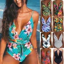 Biquíni 2020 novas mulheres sexy impressão brasileira maiô de uma peça floral retro tanga cintura alta bodysuit sem encosto alto corte(China)