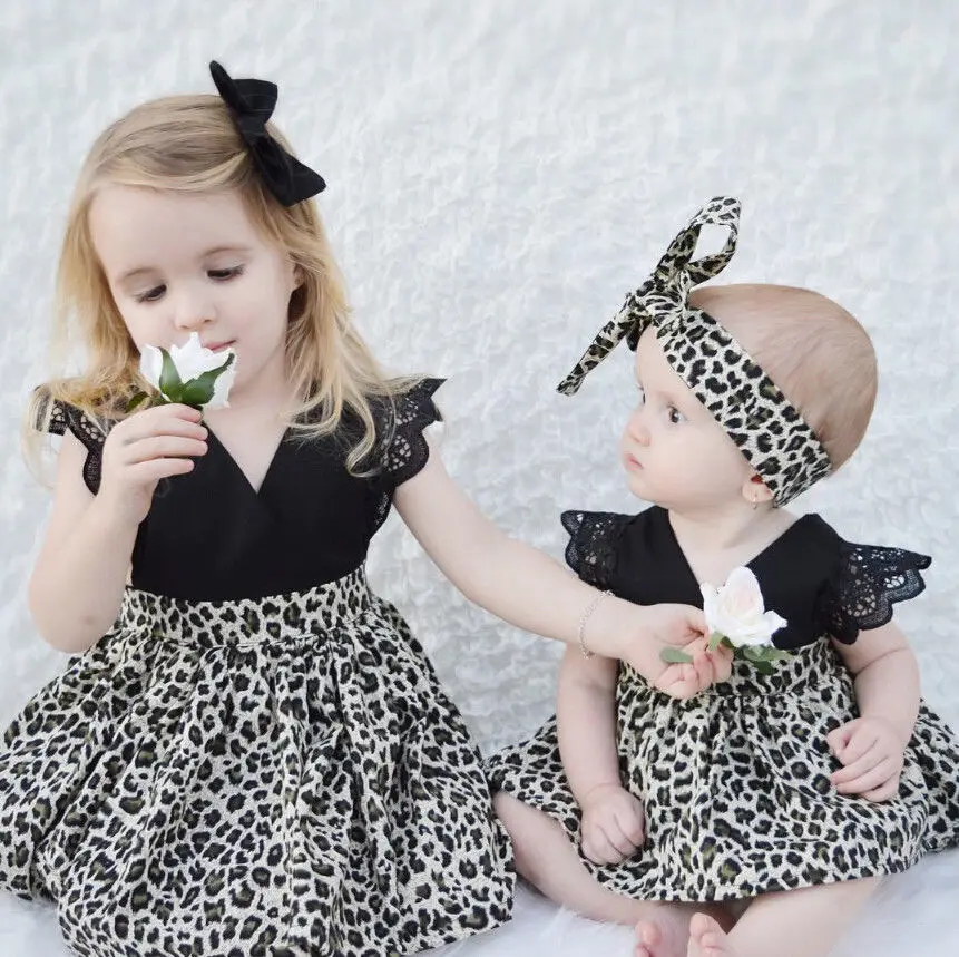 

Family Match Baby Girls Kids Romper Dress Party Leopard Fly Lace Sleeve Pageant Tutu Dresses + Headband 2pcs