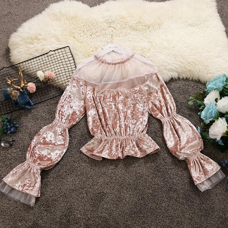 2018 autumn new female high-collar velvet stitching mesh lantern sleeve ruffles shirts women's elegant blouses women shirt top
2018 autumn new female high-collar velvet stitching mesh lantern sleeve ruffles shirts women's elegant blouses women shirt top