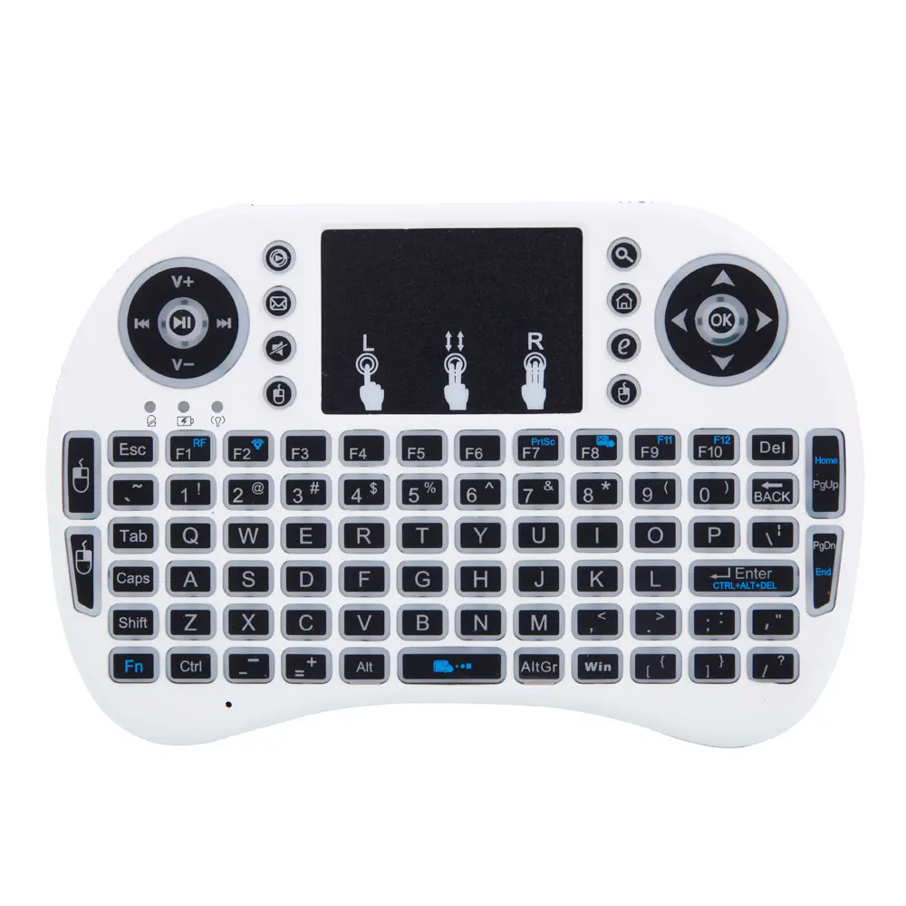 

SOONHUA Mini Keyboard i8 2.4GHz 3-color Backlight Keyboard Controller Wireless Keyboards with Touchpad White 2019