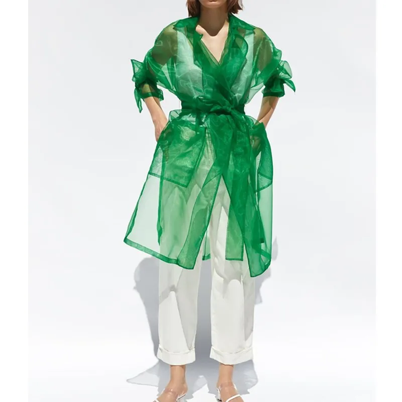 Chic Women Green Organza Trench Outwear Adjustable Waist 2019 Autumn Ladies Transparent Trench Summer Long Sunscreen Coat
Chic Women Green Organza Trench Outwear Adjustable Waist 2019 Autumn Ladies Transparent Trench Summer Long Sunscreen Coat