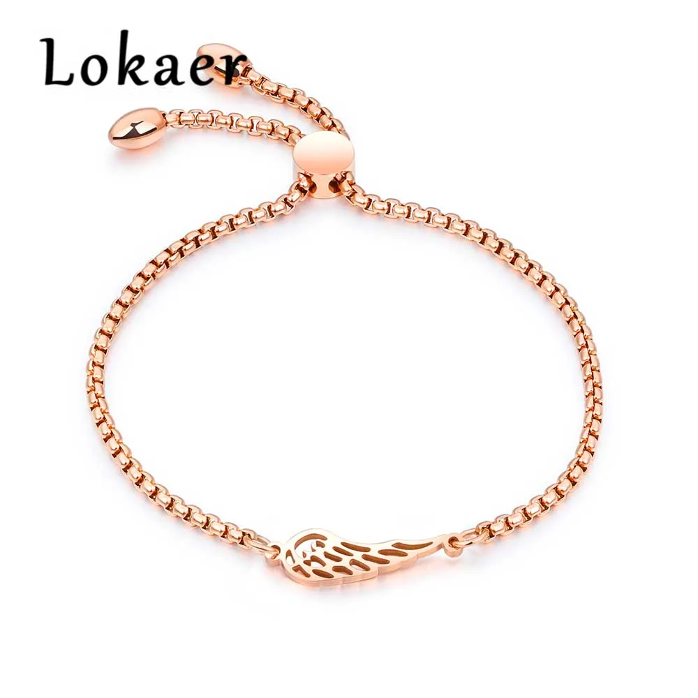 Lokaer Popular Titanium Steel Angel Wings Feather Bracelets Fashion Rose Gold Color Bracelet Length Adjustable Pulseira LGS894
Lokaer Popular Titanium Steel Angel Wings Feather Bracelets Fashion Rose Gold Color Bracelet Length Adjustable Pulseira LGS894