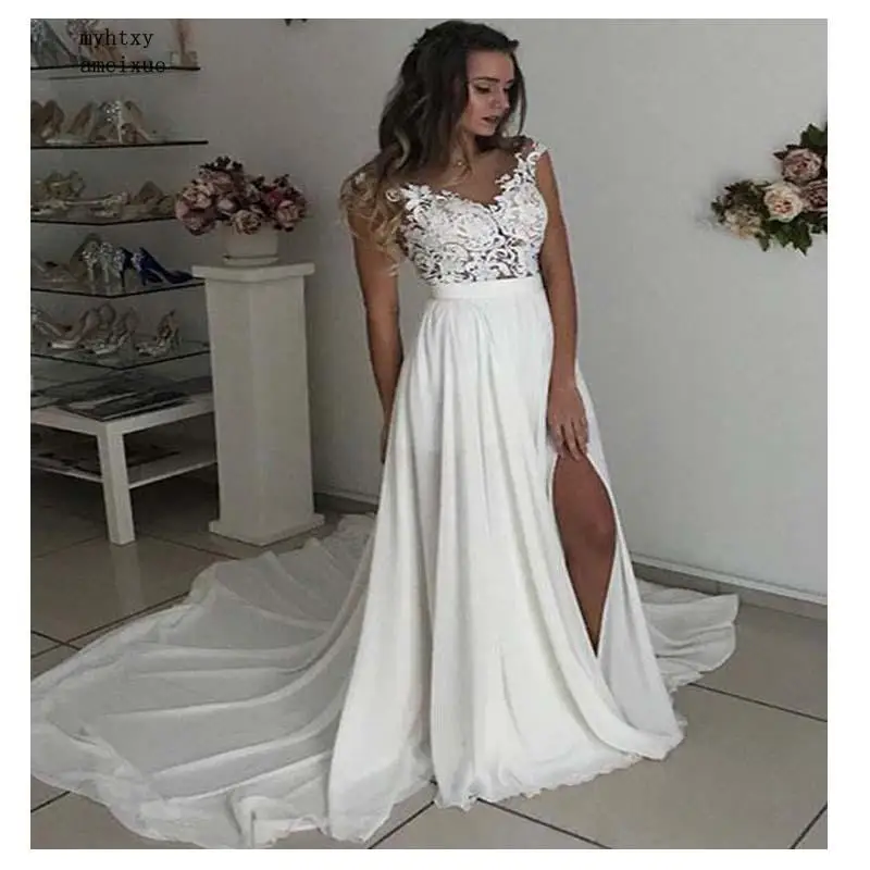 New Sexy Side Split Cheap Wedding Dress Scoop A-line Appliques Chiffon Bride Dress Long Train Custom Made Wedding Gown 2019
New Sexy Side Split Cheap Wedding Dress Scoop A-line Appliques Chiffon Bride Dress Long Train Custom Made Wedding Gown 2019