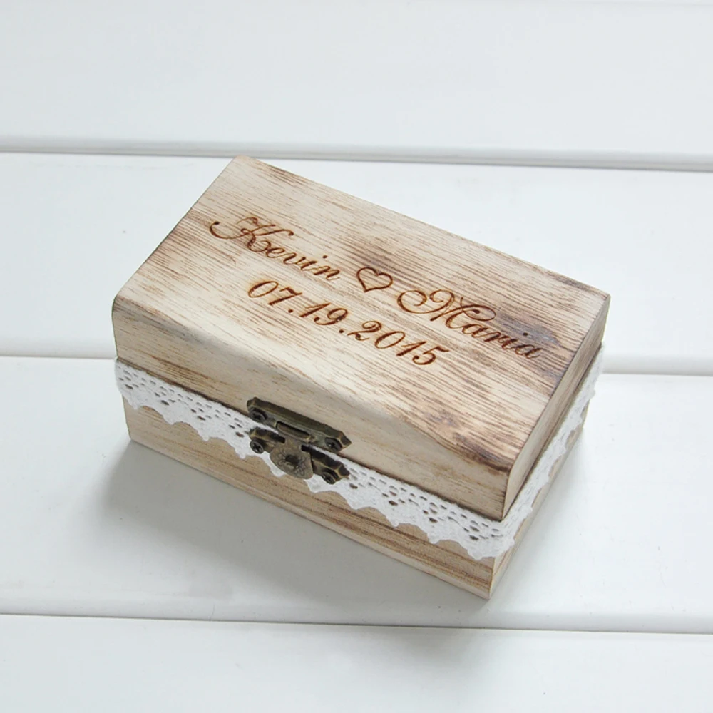 Image Personalized Gift Rustic Wedding Ring Bearer Box Wood Wedding Ring Box Custom Your Names and Date