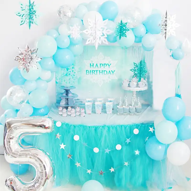 Light Blue White Silver Paper Snowflake Snow Balloon Garland Baby