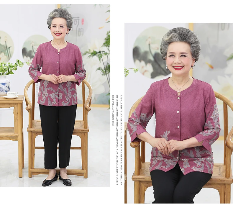 Grandma Mother Shirts Red Blue Green Flower Pattern Print Tops Women Round Collar Three Quarter Sleeve Blouses Button Front Shirt Woman Top (6)