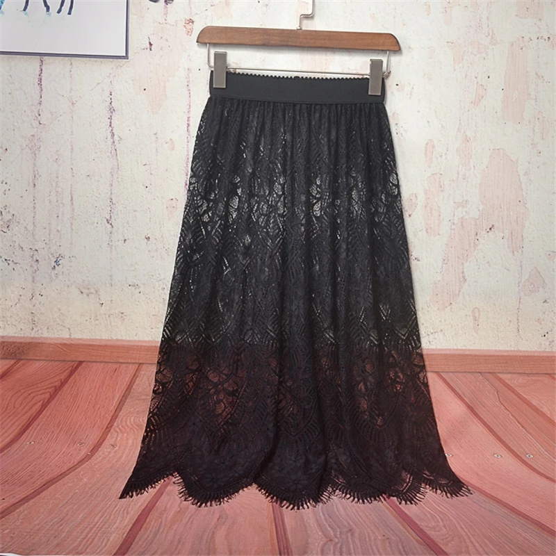 Фото Women Sexy Lace Hollow Out A Line Skirt Summer Casual Elastic High Waist Skirts Transparent One Layer Black White Long | Женская одежда