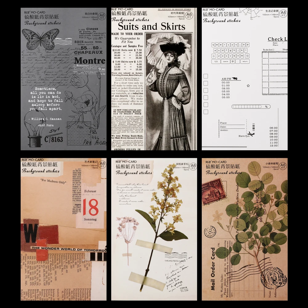 6Pcs/Set A6 series hand bag retro plant function black and white stationery poster material background sticker
6Pcs/Set A6 series hand bag retro plant function black and white stationery poster material background sticker