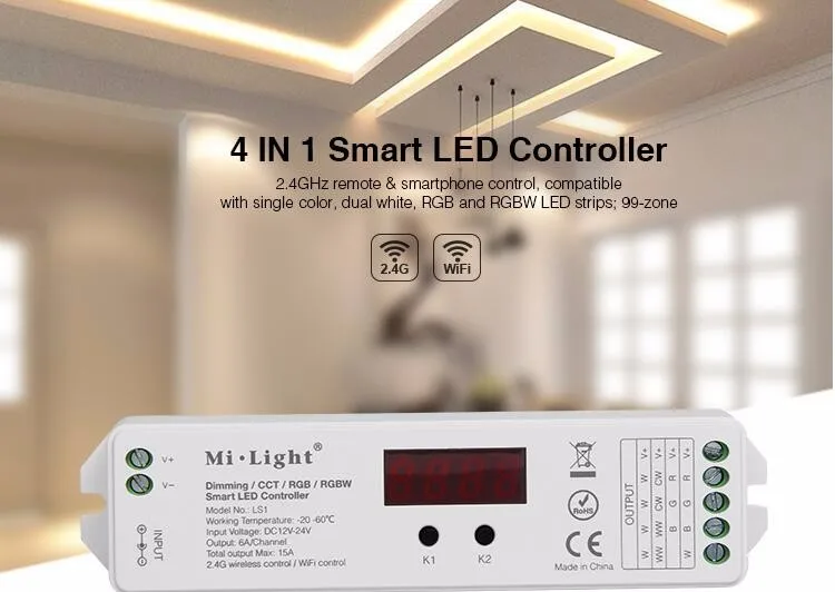 DC12V 24V 15A 2.4G wireless control Mi.Light LS1 4 in 1 Smart LED Controller for Single Color,DIMMING, CCT, RGB RGBW LED Strip
DC12V 24V 15A 2.4G wireless control Mi.Light LS1 4 in 1 Smart LED Controller for Single Color,DIMMING, CCT, RGB RGBW LED Strip