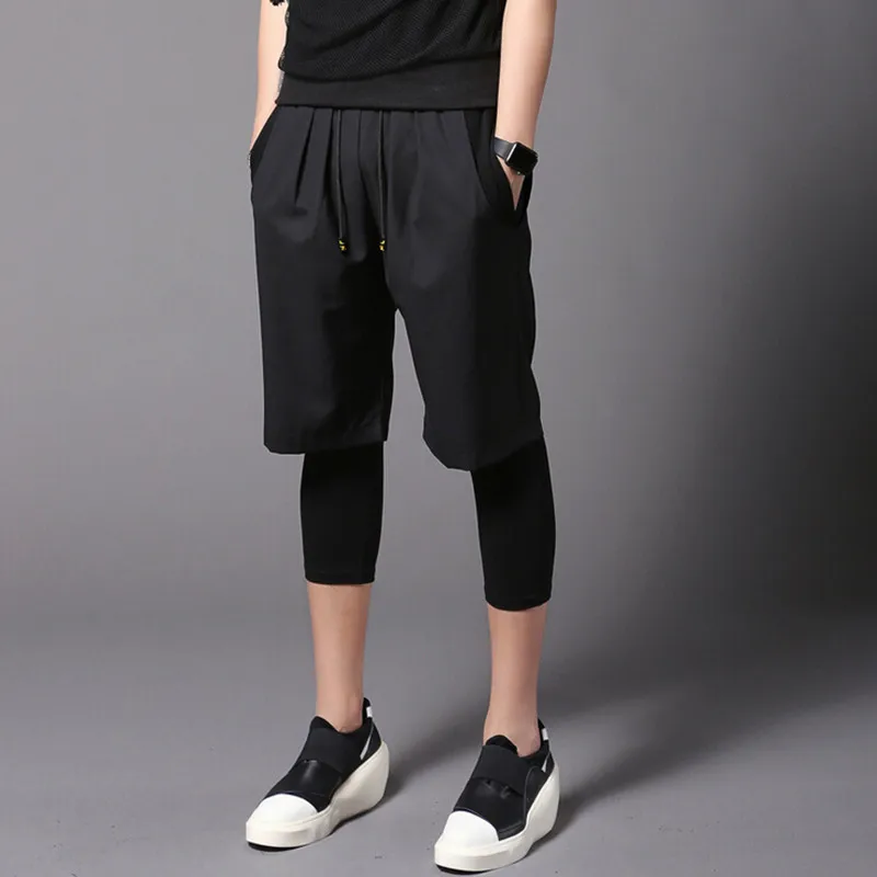 Mens nightclub stage costume elastic waistband punk shorts joggers men casual false two-piece short pants hip hop leggings
Mens nightclub stage costume elastic waistband punk shorts joggers men casual false two-piece short pants hip hop leggings