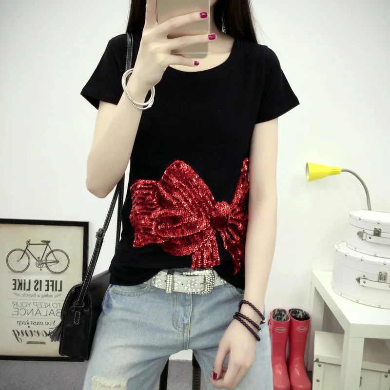 Summer Style Sequins Red Bow Cotton T-shirt Casual Slim Short Sleeve Black/White/Gray Women's Shirt Tops Plus Size
Summer Style Sequins Red Bow Cotton T-shirt Casual Slim Short Sleeve Black/White/Gray Women's Shirt Tops Plus Size