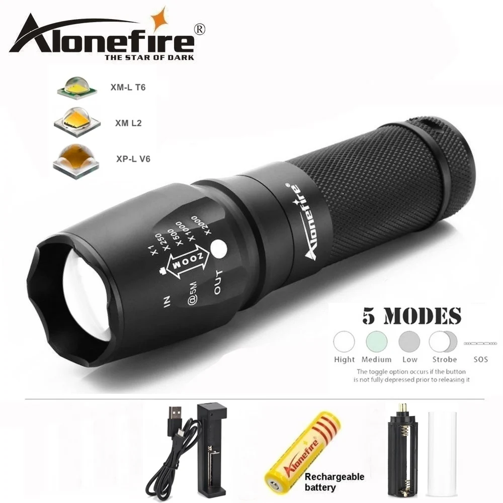 

AloneFire Tactical Flashlight X800 CREE XM-L T6 L2 LED Zoom floodlight lantern Fishing Torch for AAA 18650 Rechargeable Battery