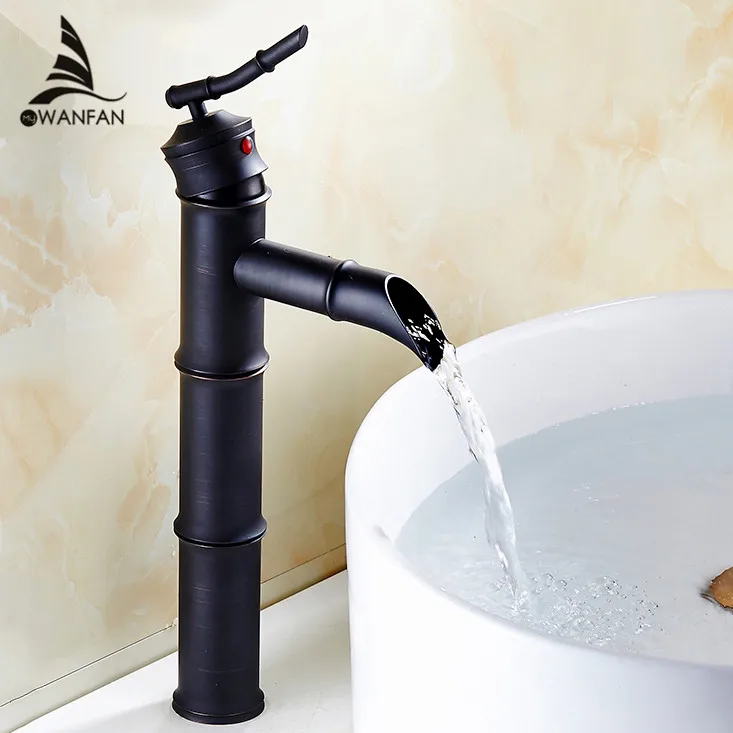 

Basin Faucets Black Brass Bamboo High Arch Bathroom Sink Waterfall Faucet 1 Lever Oil Rubbed Bronze Hot Cold Mixer Taps SY-028R