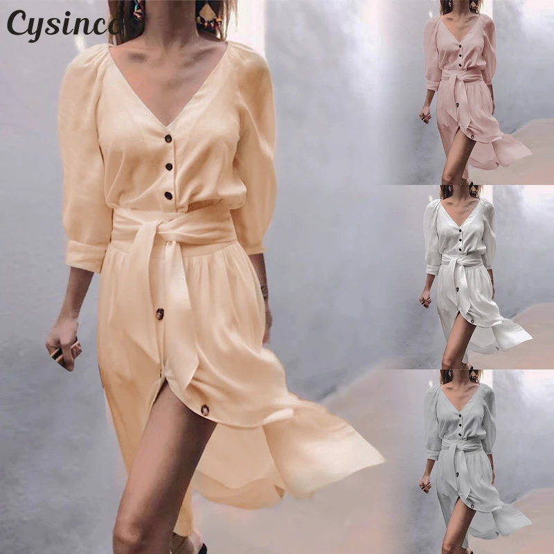 Cysincos Women Sexy Fashion V-Neck Button Linen Dress With Belt Spring 3/4 Sleeve Shirt Nightclub Cocktail Party Elegant Party
Cysincos Women Sexy Fashion V-Neck Button Linen Dress With Belt Spring 3/4 Sleeve Shirt Nightclub Cocktail Party Elegant Party