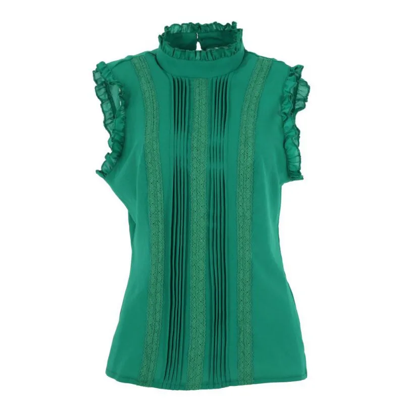 Women Ruffle Stand Collar Slim T-Shirt Tops Lady Casual Lace Sleeveless Shirt Ladies Tee Green/White chiffon
Women Ruffle Stand Collar Slim T-Shirt Tops Lady Casual Lace Sleeveless Shirt Ladies Tee Green/White chiffon