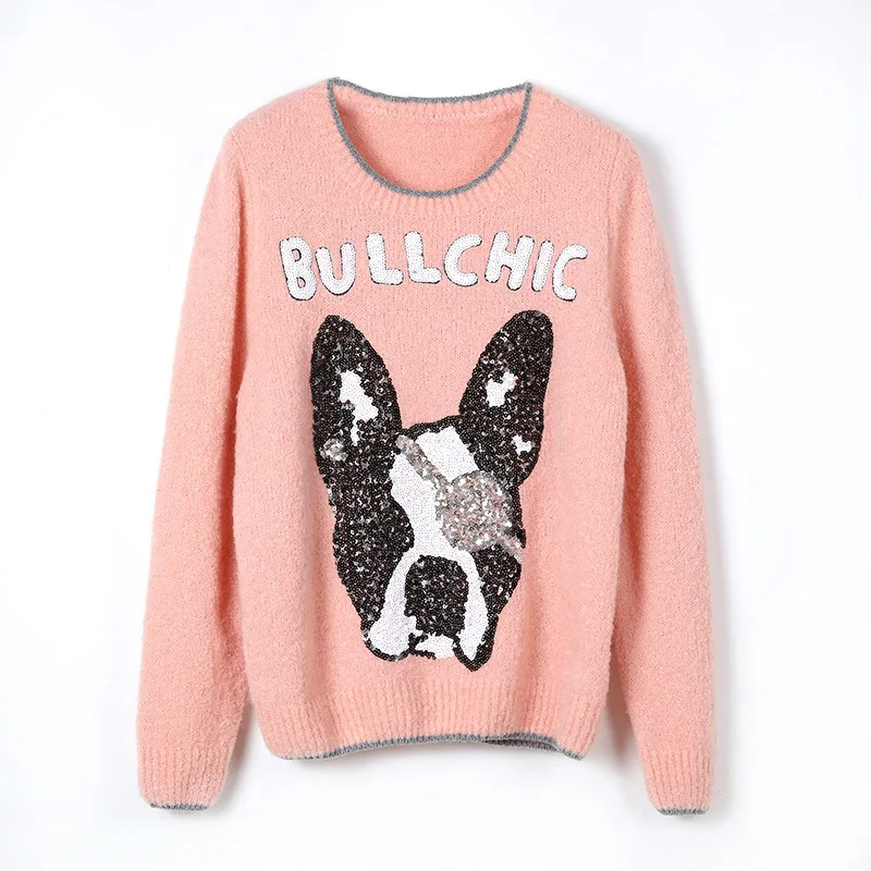 2019 Early Spring New Pink Dog Head Sequined Round Collar Sweater Letter Embroidery Loose Top Sweater Clothes Women
2019 Early Spring New Pink Dog Head Sequined Round Collar Sweater Letter Embroidery Loose Top Sweater Clothes Women