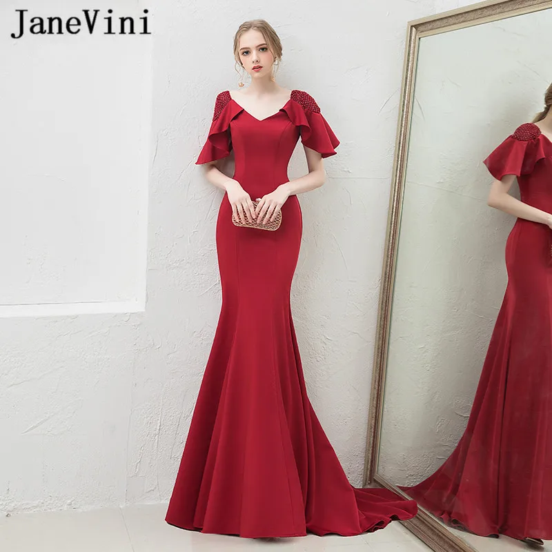 JaneVini Vestidos Burgundy Satin Beads Long Mother of The Bride Dress 2018 V Neck Short Sleeve Ruffles Mermaid Dresses for Women
JaneVini Vestidos Burgundy Satin Beads Long Mother of The Bride Dress 2018 V Neck Short Sleeve Ruffles Mermaid Dresses for Women