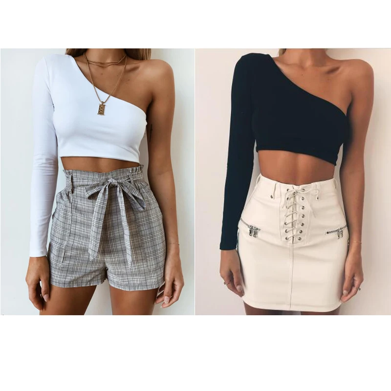 Women Tops Sexy One Shoulder Long Sleeve Camisole Femal Crop Tops Elastic Short Cropped Cami Tees Streetwear
Women Tops Sexy One Shoulder Long Sleeve Camisole Femal Crop Tops Elastic Short Cropped Cami Tees Streetwear