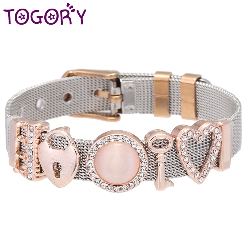 TOGORY Couple Jewelry Crystal Charms Mesh Keeper Bracelets Key & Lock Beads Fine for Women Bride Wedding | Украшения и