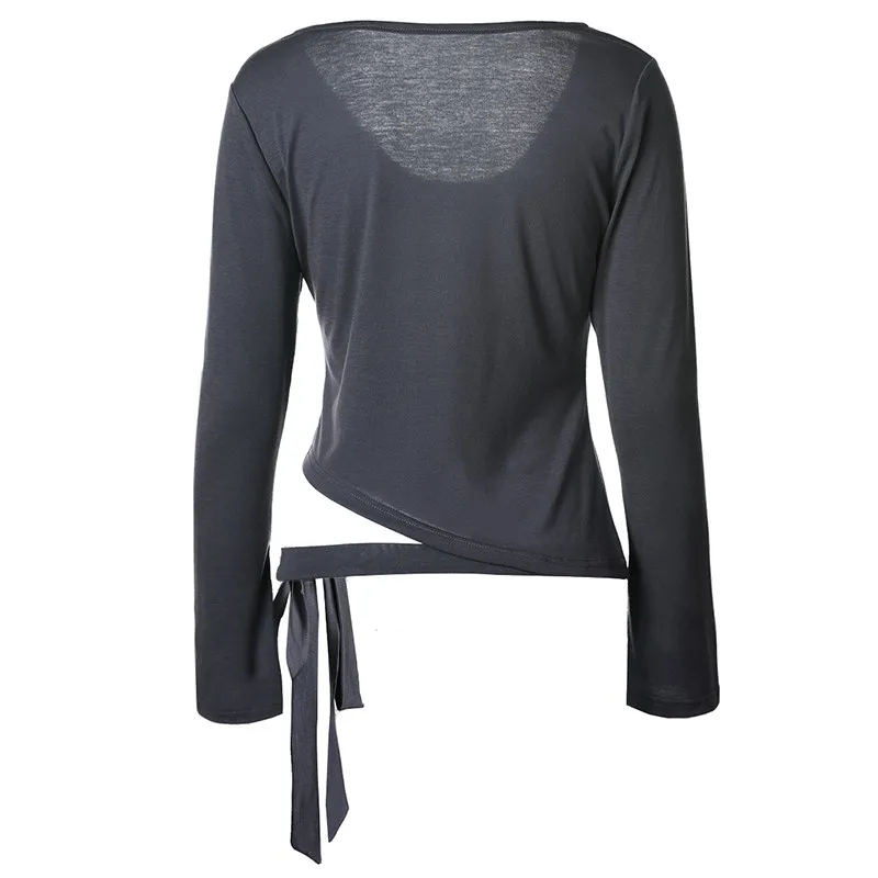 Lumier Women's Sports T-shirt Scoop Neck Wrap Bandage Tie Yoga Ballet Dance Top Breathable Autumn Sportswear Sport Jerseys Shirt (7)