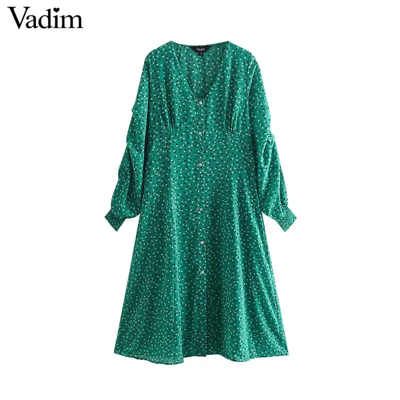 Vadim women floral print chiffon green dress V neck gathered long sleeve female casual dresses elegant summer vestidos QC009 | Женская