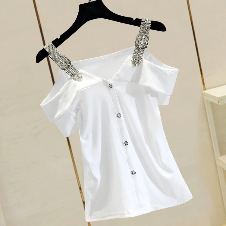 2019 summer new diamond-studded shoulder strap sexy straps short-sleeved T-shirt
2019 summer new diamond-studded shoulder strap sexy straps short-sleeved T-shirt