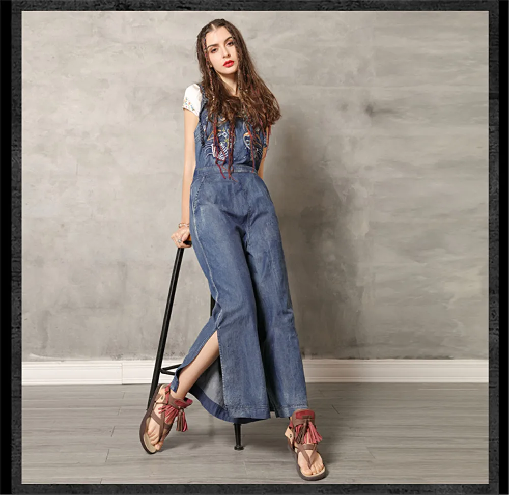 Vintage Jumpsuit Women 2019 Boho New Women Spaghetti Strap Bodysuit Denim Summer Embroidery Wide Leg Jumpsuits K306DZ Bodysuits (15)