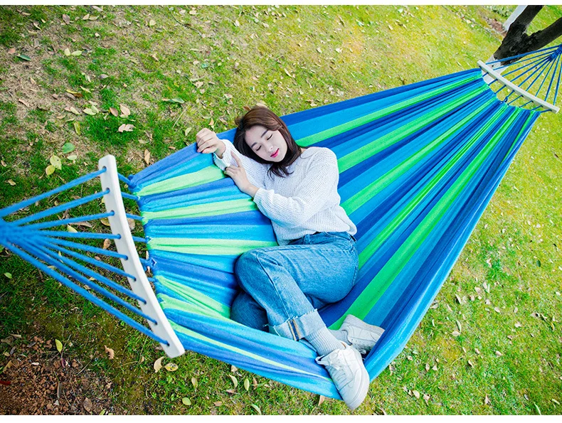Description Picture 3 of itemOutdoors Hammock Canvas Hammock with Wood Rod for Rollover Prevention Traveling Bushwalking Camping Hammock Sleeping Swing Hamak